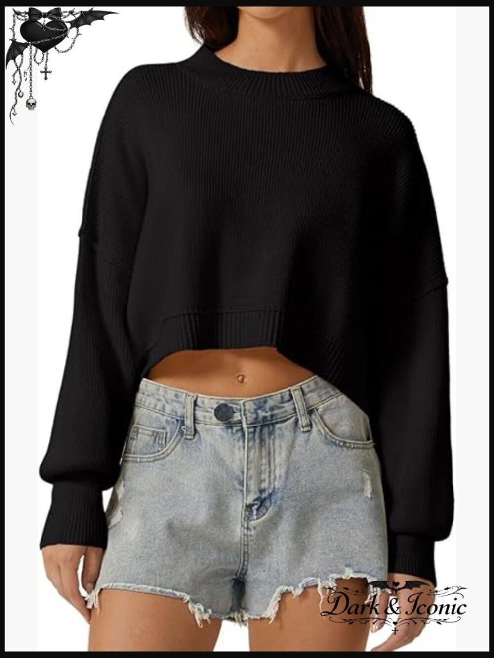 Mock Neck Cropped Sweater Oversized Pullover Drop Shoulder Long Sleeve
